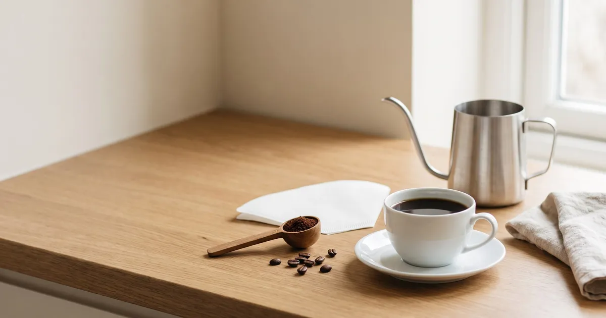 KI-generiertes Symbolbild: Tasse schwarzer Filterkaffee, Papierfilter, Holzlöffel mit Kaffeepulver und Schwanenhals-Kessel auf heller Arbeitsplatte