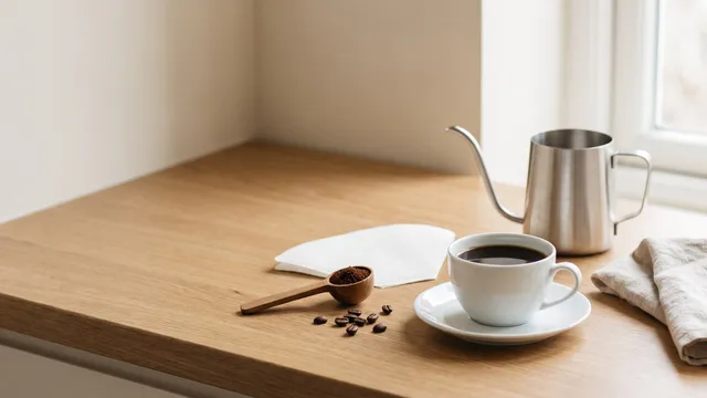 KI-generiertes Symbolbild: Tasse schwarzer Filterkaffee, Papierfilter, Holzlöffel mit Kaffeepulver und Schwanenhals-Kessel auf heller Arbeitsplatte