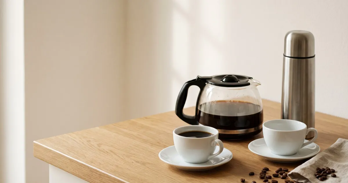 KI-generiertes Symbolbild: Glaskanne mit Filterkaffee, Thermoskanne aus Edelstahl und zwei weiße Tassen auf heller Arbeitsplatte