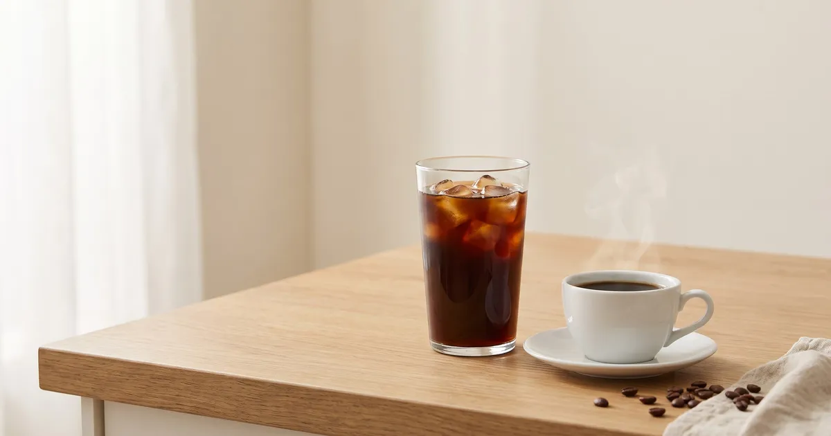 KI-generiertes Symbolbild: hohes Glas Kaffee mit Eis neben einer Tasse mit dampfendem Kaffee auf heller Arbeitsplatte