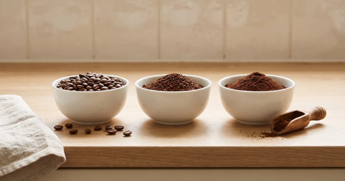 KI-generiertes Symbolbild: drei weiße Schalen mit ganzen Bohnen, mittel und fein gemahlenem Kaffee auf heller Arbeitsplatte