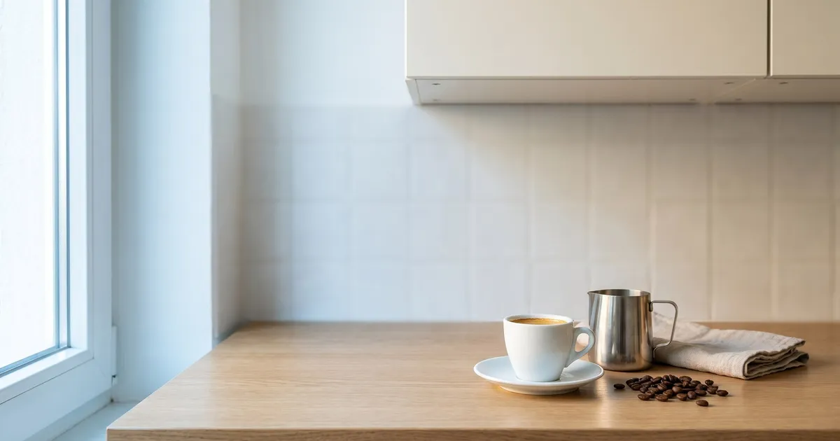 KI-generiertes Symbolbild: weiße Espressotasse mit Crema, Edelstahl-Kännchen und Leinentuch auf einer hellen Küchenarbeitsplatte