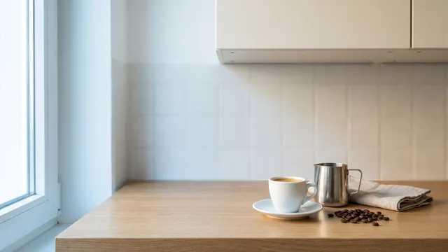 KI-generiertes Symbolbild: weiße Espressotasse mit Crema, Edelstahl-Kännchen und Leinentuch auf einer hellen Küchenarbeitsplatte