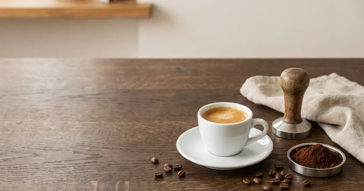 KI-generiertes Symbolbild: Espressotasse mit Crema, Handtamper aus Holz und eine Schale mit gemahlenem Kaffee auf dunkler Holzplatte